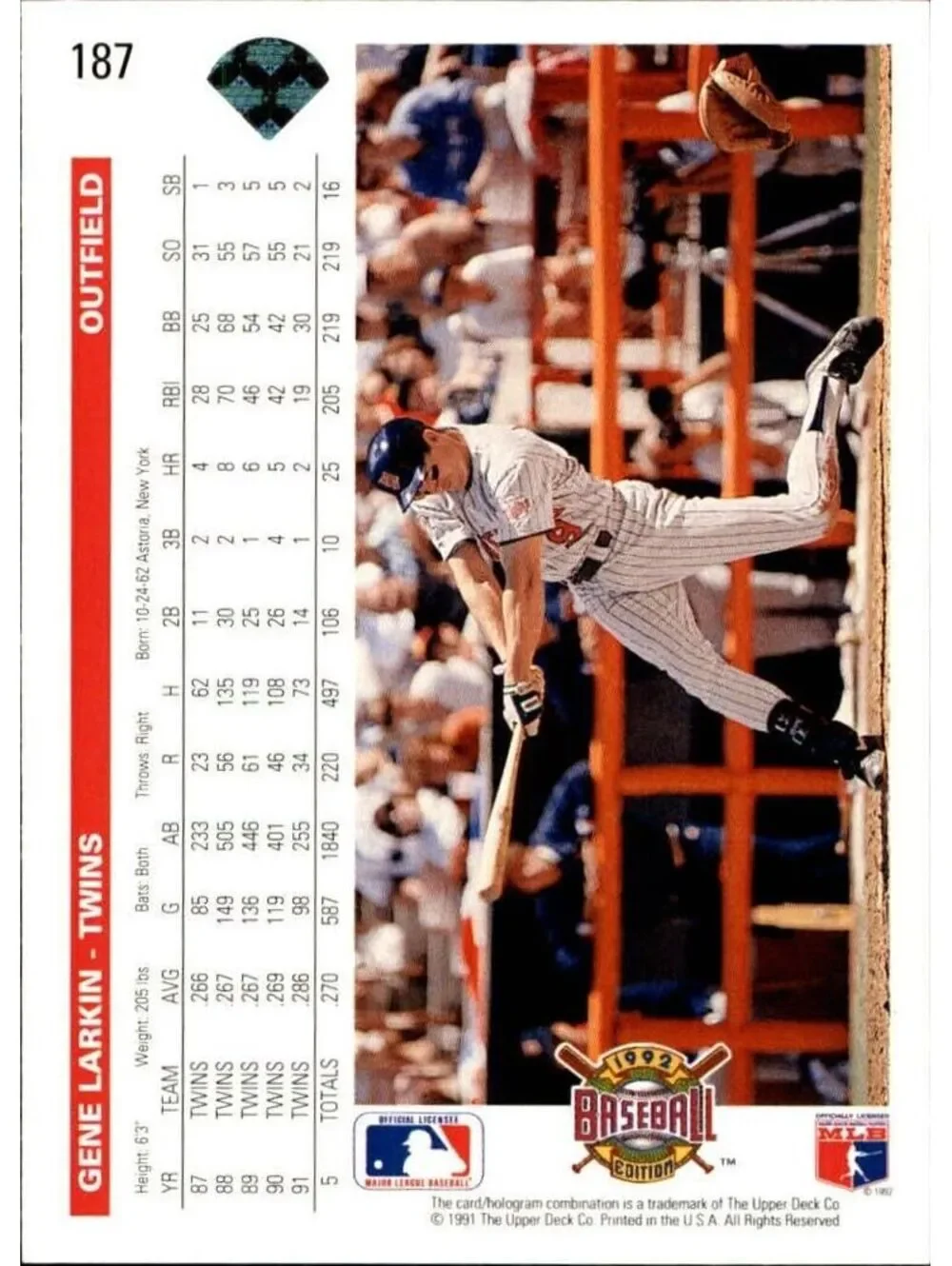 Gene Larkin 1992 Upper Deck MLB #187 Baseball Card Minnesota Twins